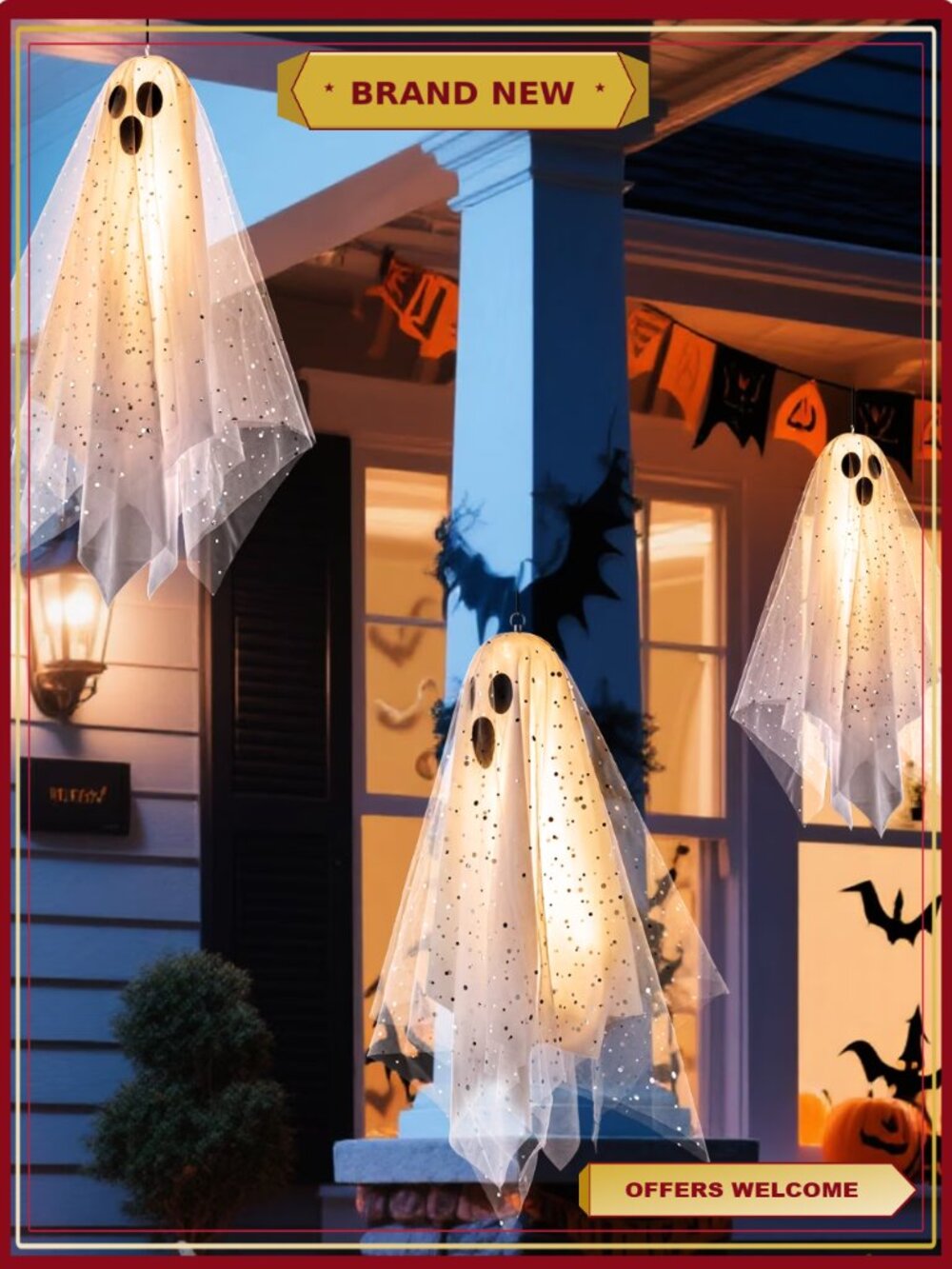 3-Pack Hanging Ghosts Halloween Decorations with LED Lights, Battery Operated